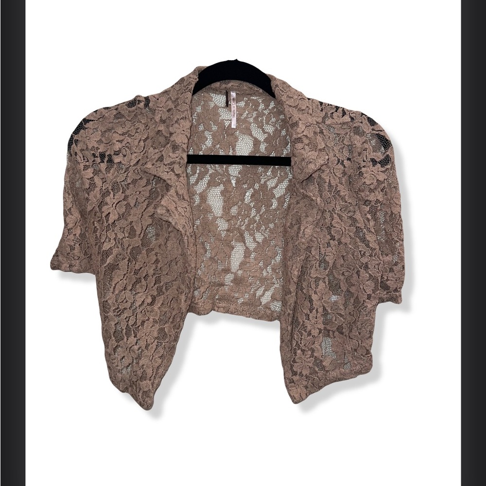 Lace Cropped Cardigan Short Sleeve Tan Nude Top With Collar